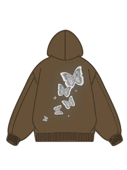 360g Silver Future Butterflies Printed Wash Old Cotton Hoodie