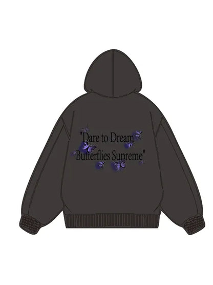 360g Butterflies Back Letter Printed Wash Old Cotton Hoodie