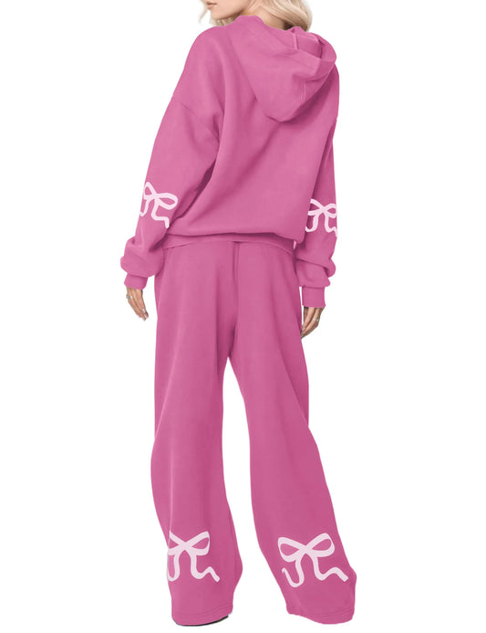 Women's 2 Piece Outfits Bow Trim Print Hoodie Sweatsuit Sets