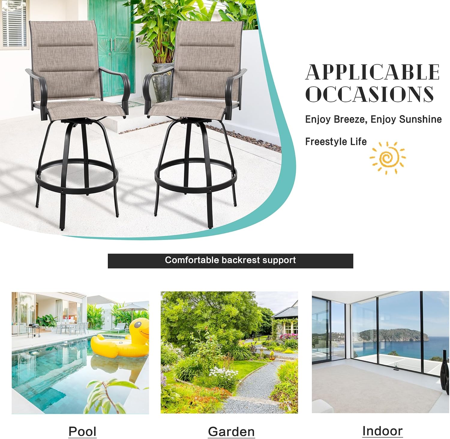 2 Piece Outdoor Patio Swivel Bar Chairs