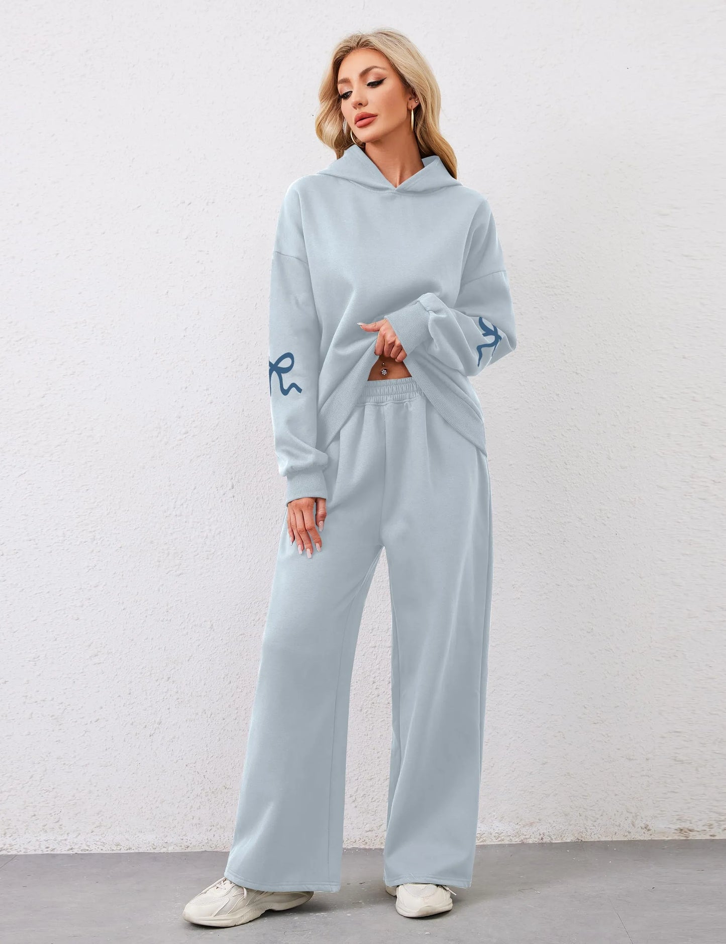 Women's 2 Piece Outfits Bow Trim Print Hoodie Sweatsuit Sets
