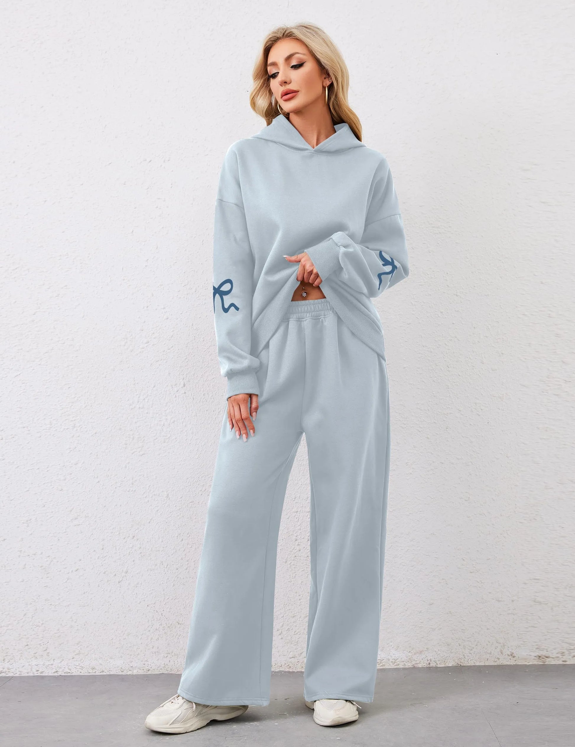 Women's 2 Piece Outfits Bow Trim Print Hoodie Sweatsuit Sets