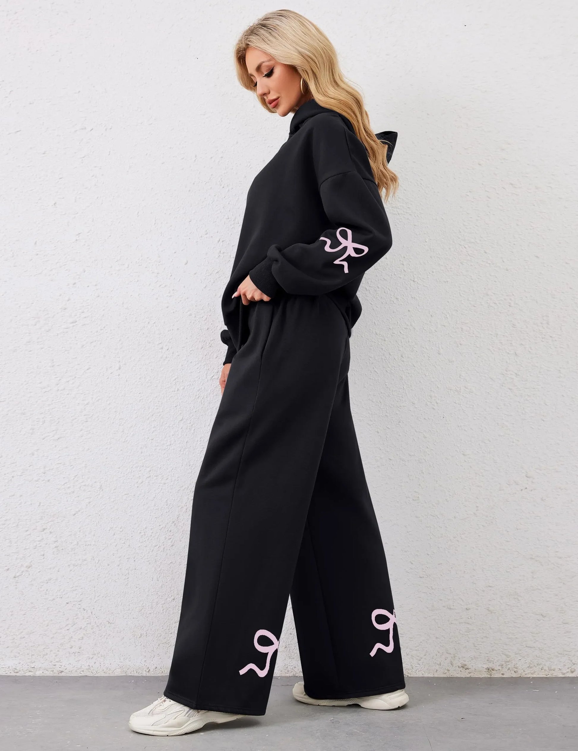 Women's 2 Piece Outfits Bow Trim Print Hoodie Sweatsuit Sets