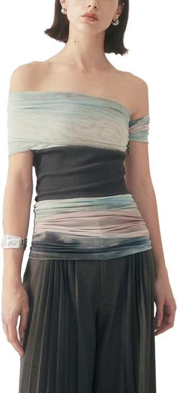 Women's Off-Shoulder Tie-Dye Mesh Patchwork T-Shirt, Soft Cotton Blend Summer Blouse