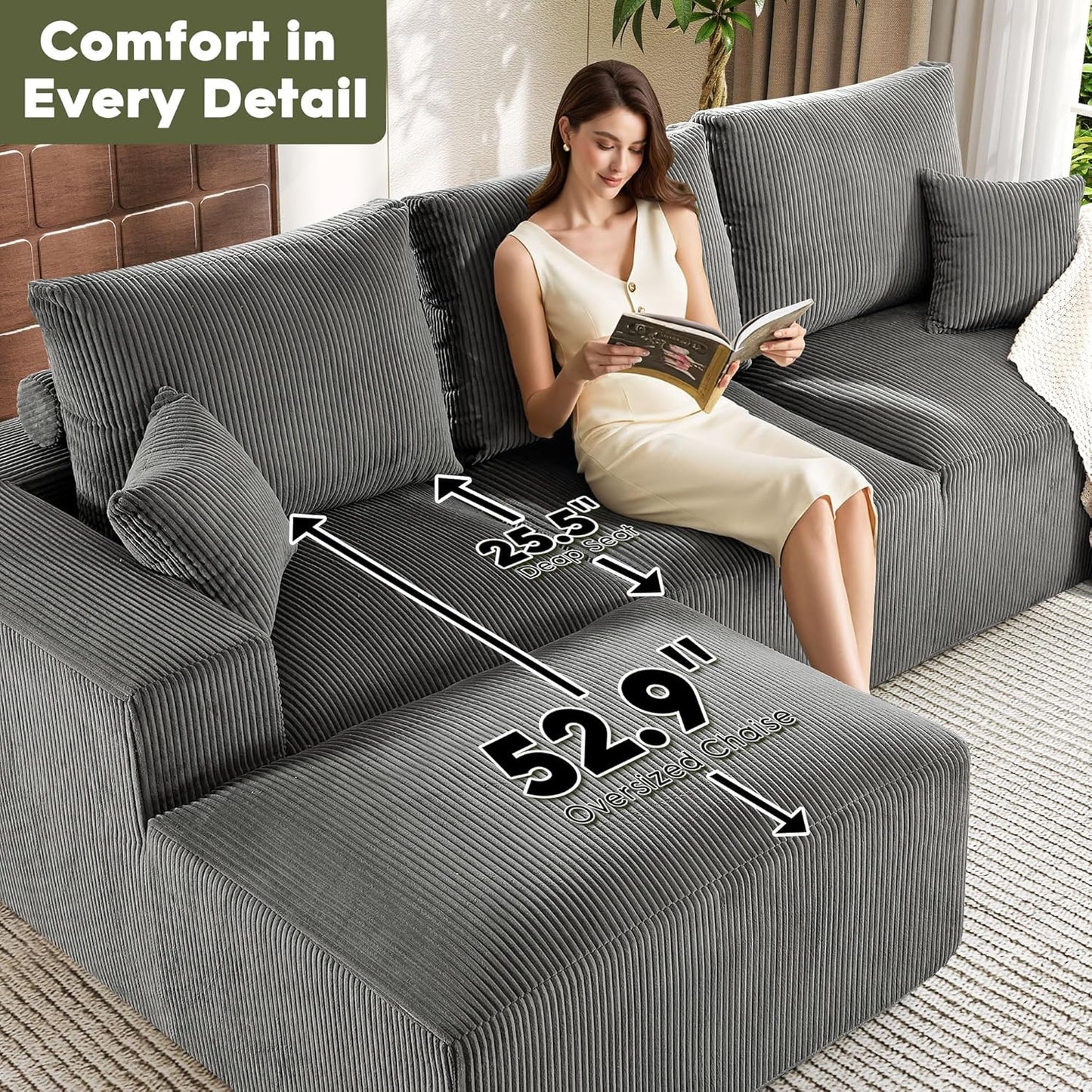 108 Inch Corduroy Cloud Sectional Sofa with Chaise Green