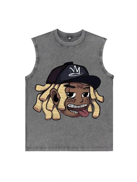 230g Cartoon Hip-hop Wash Old Sleeveless T-shirt