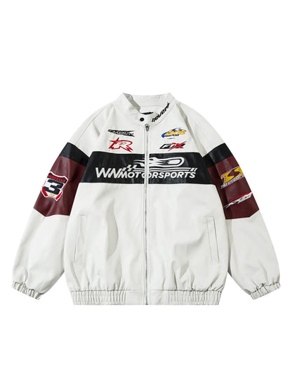 Patchwork Letter Embroidery PU Leather Jacket for Women