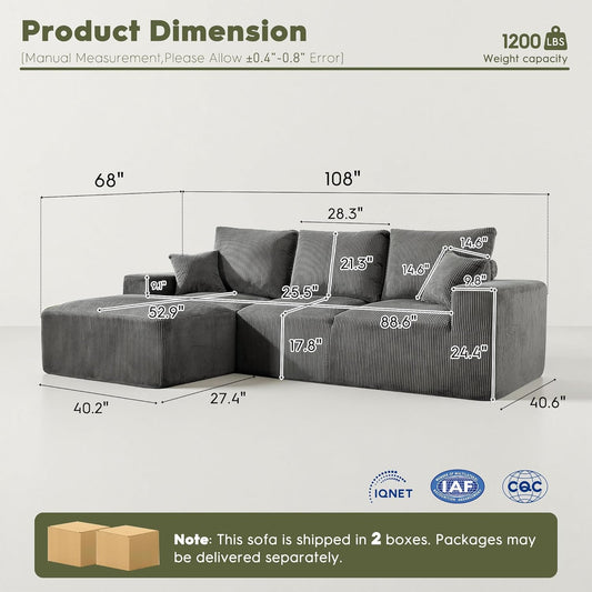 108 Inch Corduroy Cloud Sectional Sofa with Chaise Green