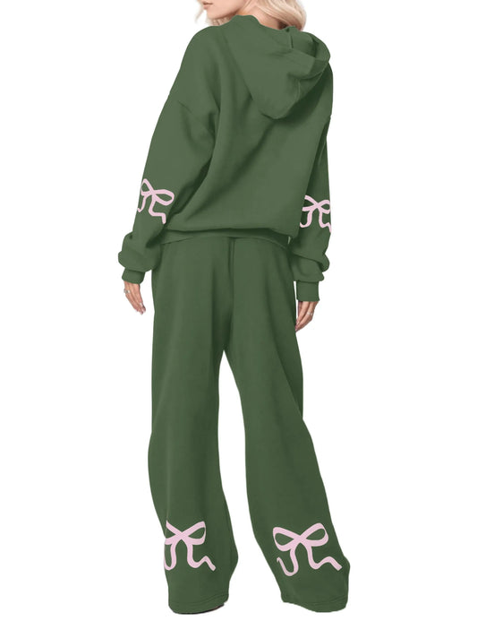 Women's 2 Piece Outfits Bow Trim Print Hoodie Sweatsuit Sets