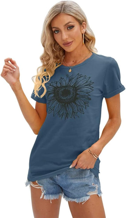 Women's T Shirts Short Sleeve Tees Sunflower Graphic Loose Summer Tops