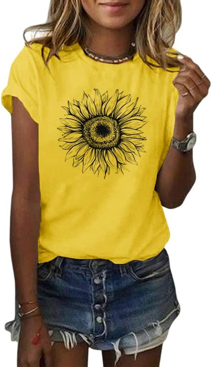 Women's T Shirts Short Sleeve Tees Sunflower Graphic Loose Summer Tops