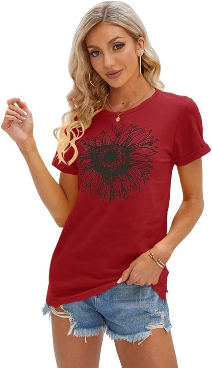 Women's T Shirts Short Sleeve Tees Sunflower Graphic Loose Summer Tops