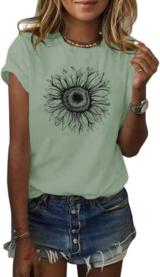 Women's T Shirts Short Sleeve Tees Sunflower Graphic Loose Summer Tops