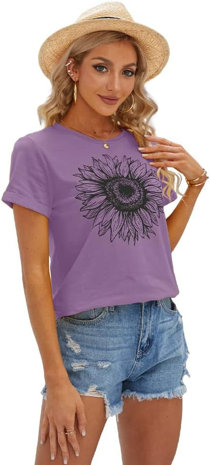 Women's T Shirts Short Sleeve Tees Sunflower Graphic Loose Summer Tops