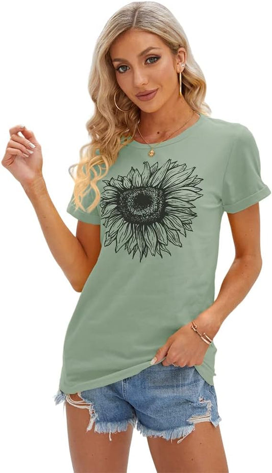 Women's T Shirts Short Sleeve Tees Sunflower Graphic Loose Summer Tops