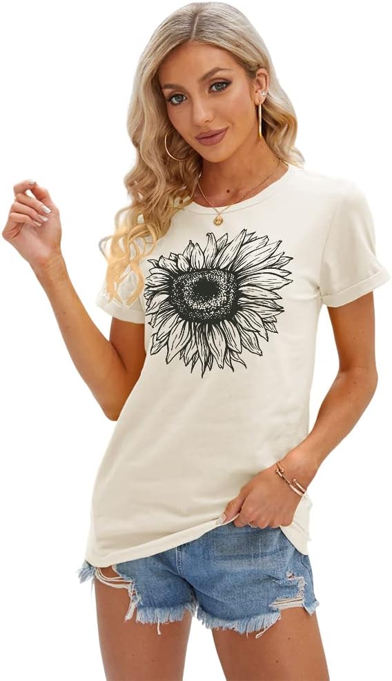 Women's T Shirts Short Sleeve Tees Sunflower Graphic Loose Summer Tops