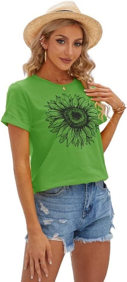 Women's T Shirts Short Sleeve Tees Sunflower Graphic Loose Summer Tops