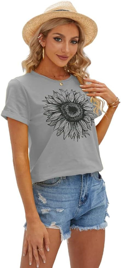 Women's T Shirts Short Sleeve Tees Sunflower Graphic Loose Summer Tops