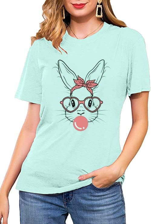 Funny Bunny Print T Shirt for Women Cute Grapic Leopard Shirts Family Blouse Gifts Easter Tops Tee