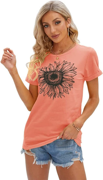 Women's T Shirts Short Sleeve Tees Sunflower Graphic Loose Summer Tops