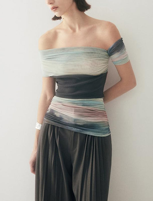 Women's Off-Shoulder Tie-Dye Mesh Patchwork T-Shirt, Soft Cotton Blend Summer Blouse