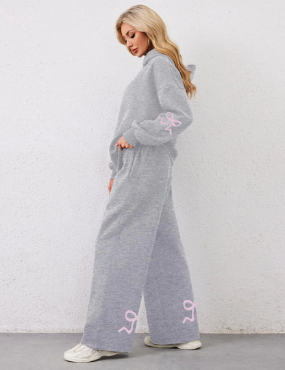 Women's 2 Piece Outfits Bow Trim Print Hoodie Sweatsuit Sets