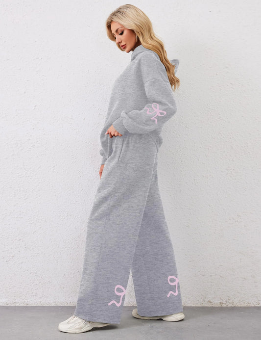 Women's 2 Piece Outfits Bow Trim Print Hoodie Sweatsuit Sets