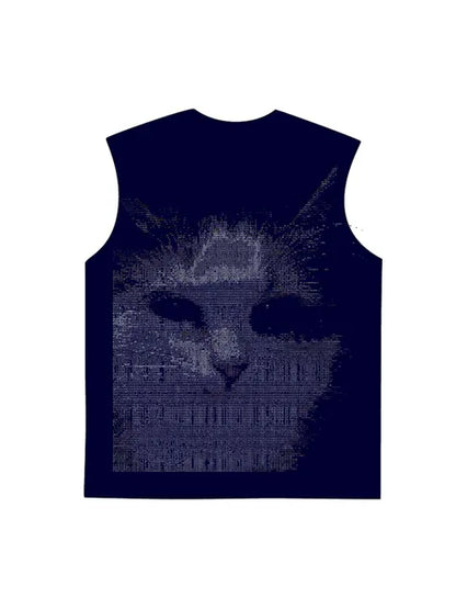 230g Electric Wave Kitty Printed Wash Old Sleeveless T-shirt