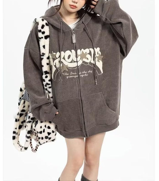 Y2K Zip Up Hoodie Letter Print Star Graphic Grunge Hooded Corduroy Sweatshirt