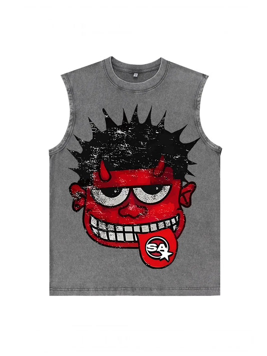 230g Cotton Cartoon Devil Wash Old Sleeveless T-shirt