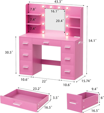 Furmax Vanity Desk with Mirror LED Lights and Power Outlet Makeup Vanity Table