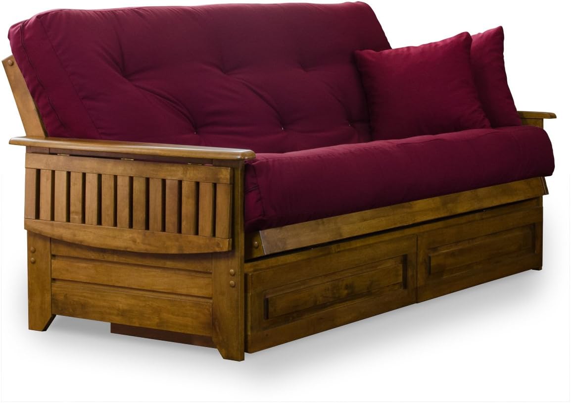 Full Size Wood Futon Frame with Tray Arms and Drawers
