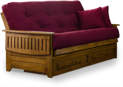 Full Size Wood Futon Frame with Tray Arms and Drawers