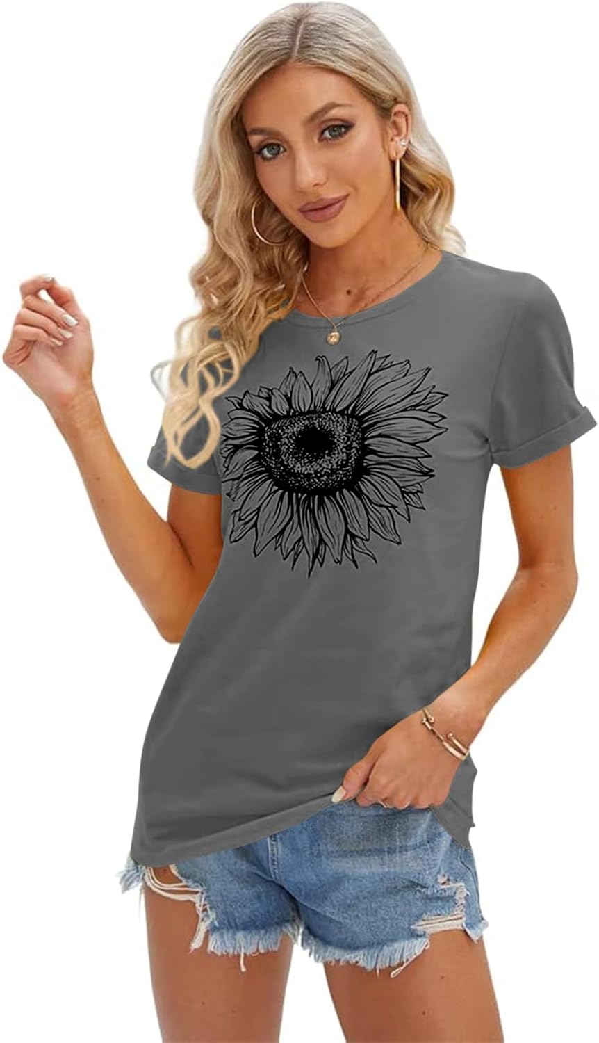 Women's T Shirts Short Sleeve Tees Sunflower Graphic Loose Summer Tops