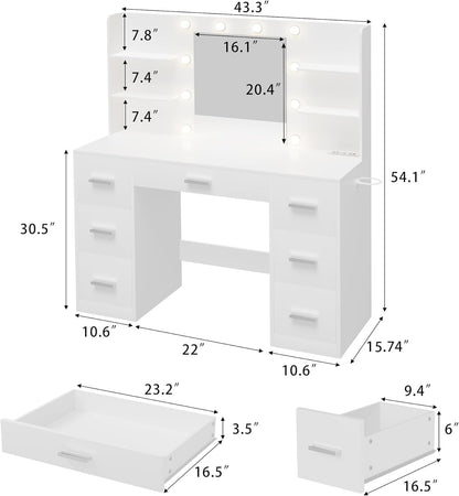 Furmax Vanity Desk with Mirror LED Lights and Power Outlet Makeup Vanity Table