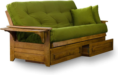 Full Size Wood Futon Frame with Tray Arms and Drawers