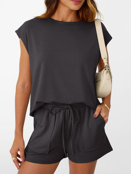 Womens Crew Neck Two Piece short Sets Cap Sleeve Drawstring Sweatsuit with Pocket