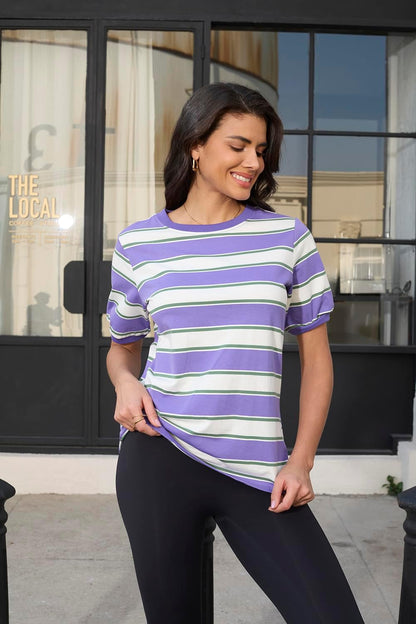 Womens Tops Cotton Casual Color Block Striped Short Sleeve Shirts Crewneck T Shirts