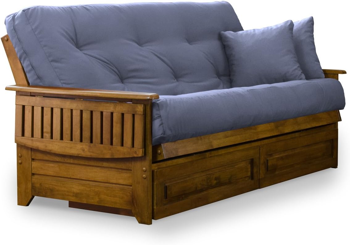 Full Size Wood Futon Frame with Tray Arms and Drawers