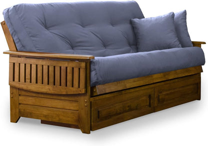 Full Size Wood Futon Frame with Tray Arms and Drawers