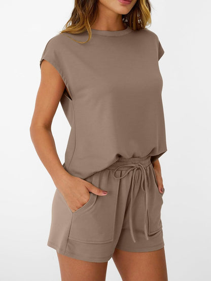 Womens Crew Neck Two Piece short Sets Cap Sleeve Drawstring Sweatsuit with Pocket