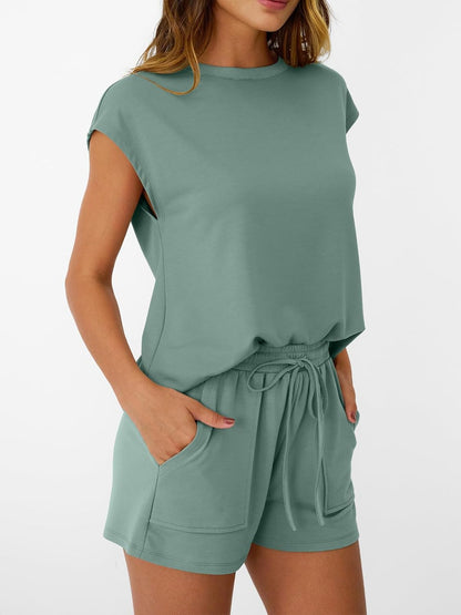 Womens Crew Neck Two Piece short Sets Cap Sleeve Drawstring Sweatsuit with Pocket