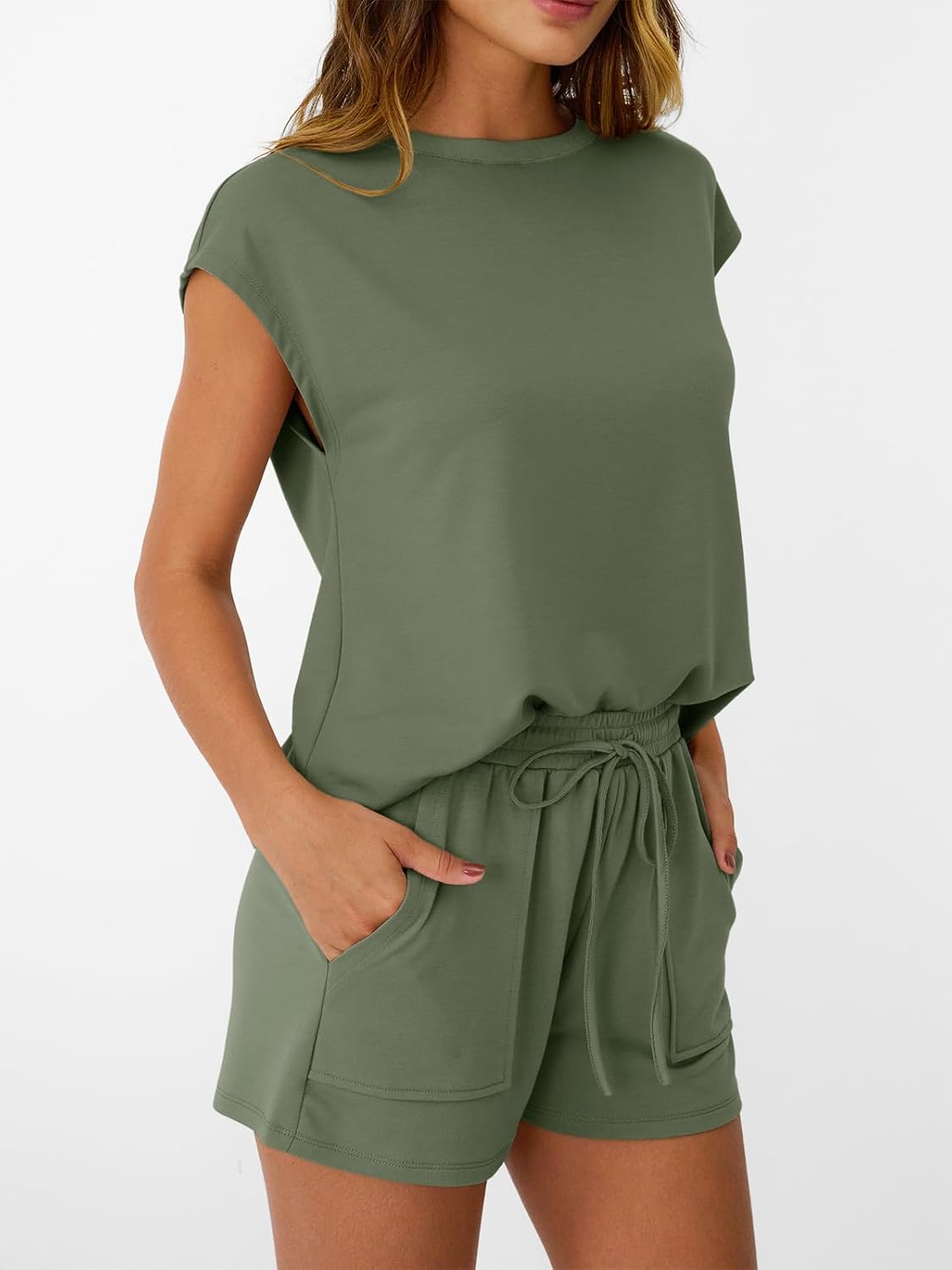 Womens Crew Neck Two Piece short Sets Cap Sleeve Drawstring Sweatsuit with Pocket