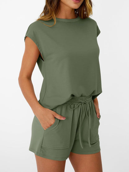 Womens Crew Neck Two Piece short Sets Cap Sleeve Drawstring Sweatsuit with Pocket