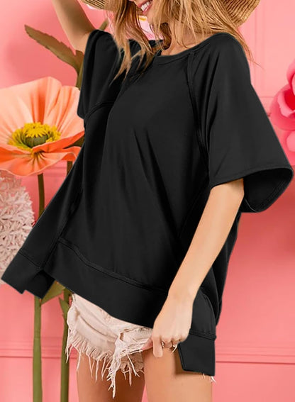 Crewneck Short Sleeve Casual Summer Tops Lightweight Loose High Low Blouse