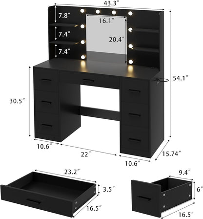 Furmax Vanity Desk with Mirror LED Lights and Power Outlet Makeup Vanity Table