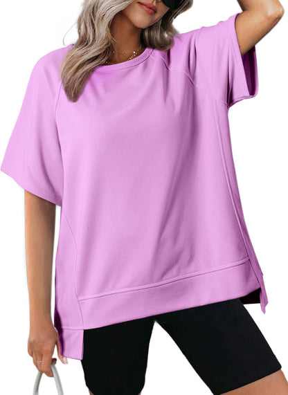 Crewneck Short Sleeve Casual Summer Tops Lightweight Loose High Low Blouse