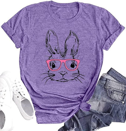 Funny Bunny Print T Shirt for Women Cute Grapic Leopard Shirts Family Blouse Gifts Easter Tops Tee