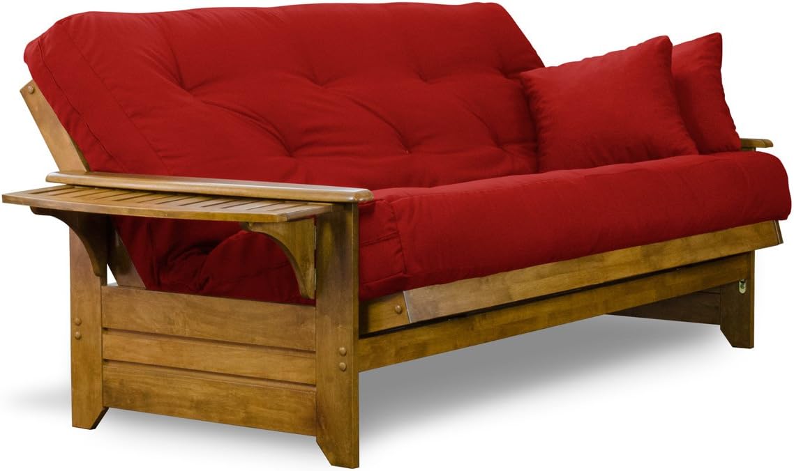 Full Size Wood Futon Frame with Tray Arms and Drawers