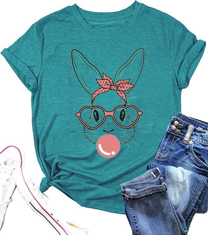 Funny Bunny Print T Shirt for Women Cute Grapic Leopard Shirts Family Blouse Gifts Easter Tops Tee